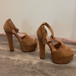 Tan Suede Chunky High Heels